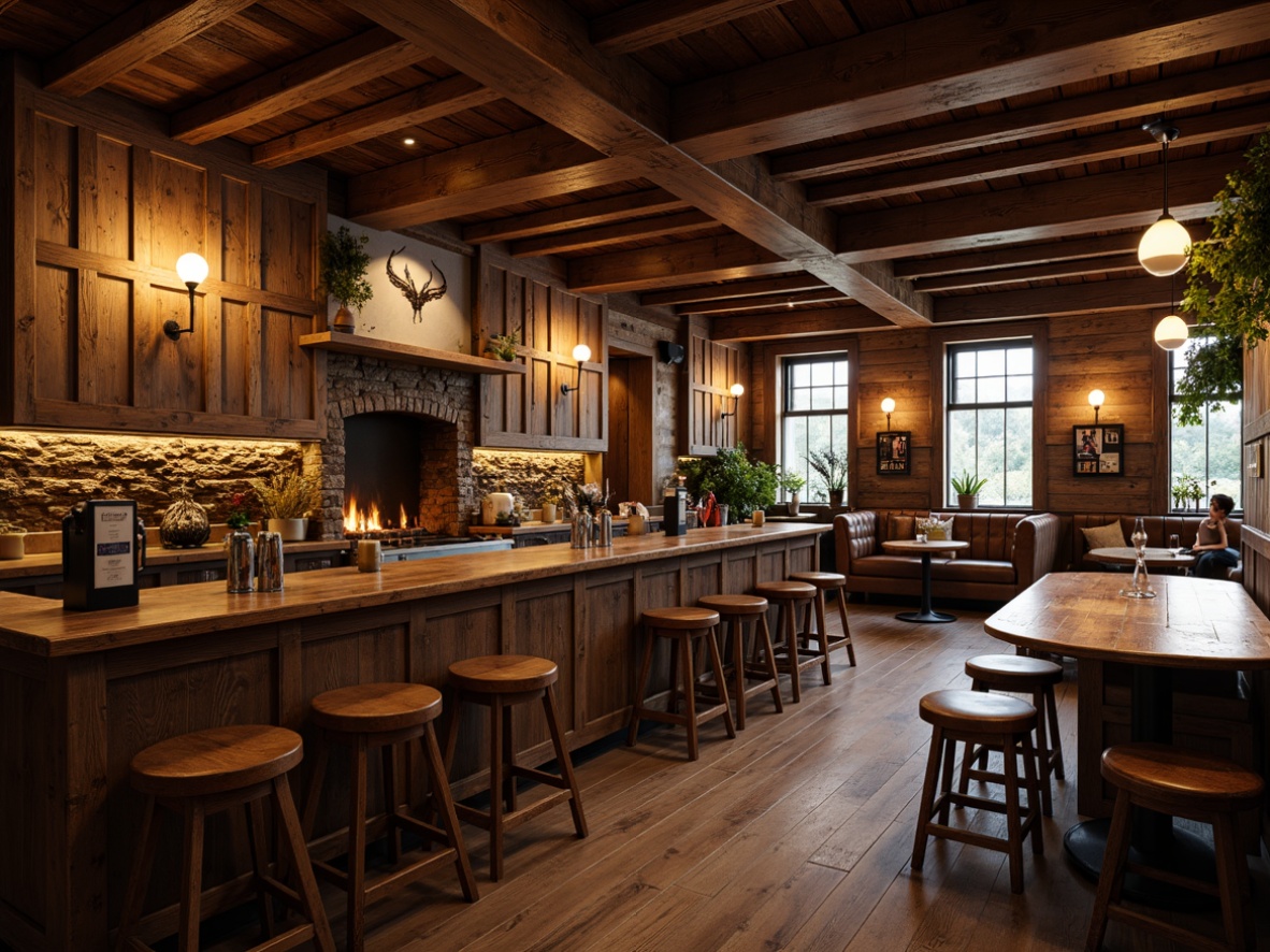 Prompt: Rustic pub interior, wooden plank walls, distressed finishes, earthy tones, natural stone accents, reclaimed wood beams, exposed brick walls, vintage metal signs, cozy fireplaces, plush armchairs, dim warm lighting, soft shadows, 1/2 composition, shallow depth of field, realistic textures, ambient occlusion.