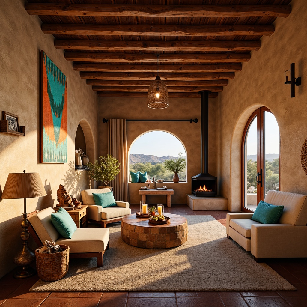 Prompt: Warm earthy tones, natural stone walls, rustic wooden beams, vibrant turquoise accents, woven textiles, traditional Native American patterns, soft warm glow, table lamps, floor lamps, pendant lights, candlelight, cozy fireplaces, dimmable lighting, ambient shadows, 1/1 composition, shallow depth of field, realistic textures, Southwestern-inspired decor, desert landscape views, sunny afternoon light, warm beige colors, comfortable seating areas, plush furnishings, earthy scents.