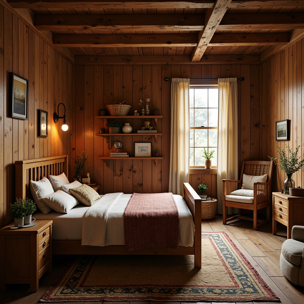 Prompt: Cozy Craftsman bedroom, wooden furniture pieces, rustic wood tones, natural textures, woven baskets, vintage decor items, plush area rugs, warm ambient lighting, rich wood paneling, wooden ceiling beams, earthy color palette, nature-inspired patterns, handcrafted wooden accents, ornate carvings, soft cotton fabrics, comfortable reading nook, tranquil atmosphere, shallow depth of field, 1/2 composition, warm golden lighting, realistic wood grain textures.