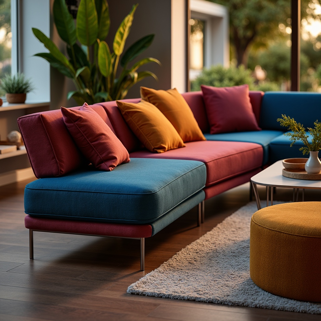 Prompt: Curved sofas, plush cushions, velvety upholstery, metallic legs, reclining backrests, adjustable headrests, ergonomic design, vibrant color schemes, ambient lighting, cozy throw pillows, wooden flooring, minimalist decor, modern coffee tables, lush greenery, soft warm glow, shallow depth of field, 1/1 composition, realistic textures, ambient occlusion.