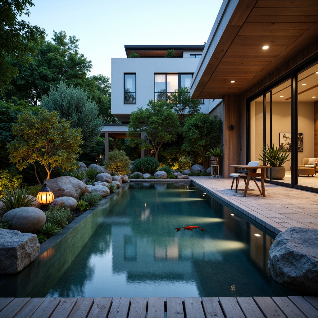 Prompt: Serenity-inspired swimming pool, natural stone surrounds, lush greenery, bonsai trees, Asian-style lanterns, tranquil water features, koi fish pond, wooden decking, modern minimalist architecture, clean lines, sliding glass doors, warm ambient lighting, shallow depth of field, 1/1 composition, intimate courtyard view, realistic textures, ambient occlusion.