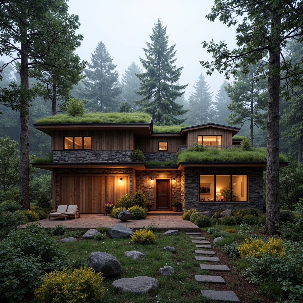 Prompt: Earth-toned cabin, reclaimed wood accents, natural stone walls, living green roofs, organic shapes, rustic metal fixtures, earthy scent, warm ambient lighting, shallow depth of field, 1/1 composition, realistic textures, ambient occlusion, surrounded by lush forest, tall trees, misty atmosphere, serene ambiance, soft gentle breeze.