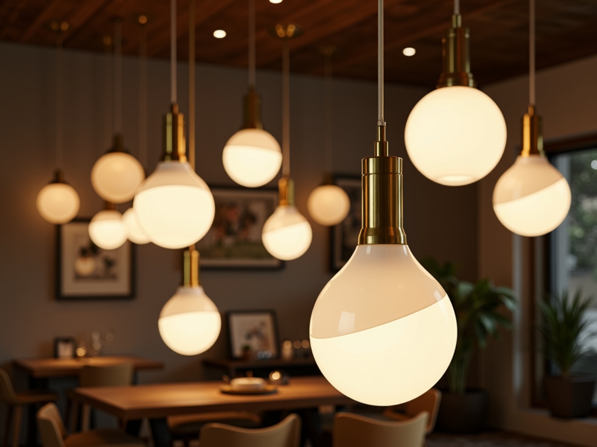 Prompt: Sleek light fixtures, brass accents, opal glass shades, minimalist designs, spherical shapes, industrial chic, exposed bulbs, wooden lamp bases, natural linen shades, geometric patterns, atomic age inspirations, retro-futuristic vibes, warm ambient lighting, soft diffused glow, 3/4 composition, shallow depth of field, realistic textures, ambient occlusion.