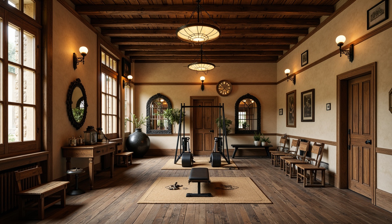 Prompt: Rustic home gym, traditional wood accents, warm beige walls, vintage athletic equipment, distressed wooden flooring, metal-framed mirrors, antique lanterns, soft warm lighting, cozy atmosphere, natural stone features, earthy tones, nostalgic color palette, ornate ironwork, classic architectural details, wooden beams, rich textures, shallow depth of field, 1/2 composition, realistic ambient occlusion.