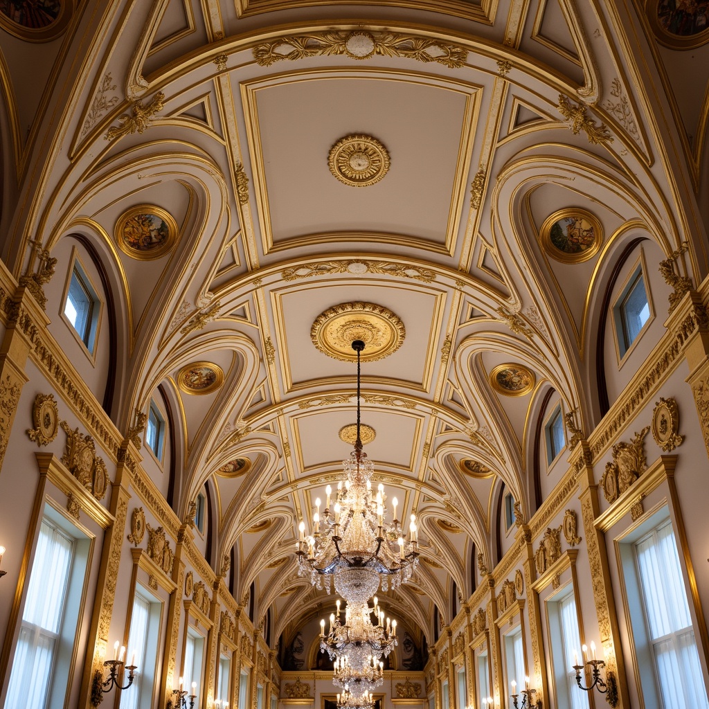 Prompt: Ornate ceiling, Rococo-inspired design, gold leaf accents, crystal chandeliers, intricate moldings, curved lines, pastel colors, soft warm lighting, shallow depth of field, 1/1 composition, focal point, grandiose atmosphere, luxurious feel, opulent decorations, fresco paintings, ornamental details, gilded frames, lavish textures, ambient occlusion.