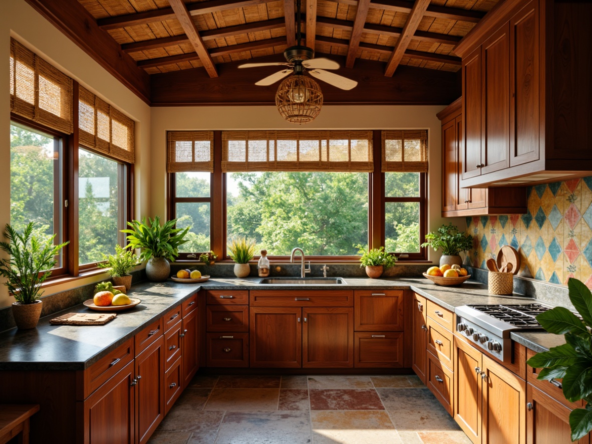 Prompt: Vibrant tropical kitchen, exotic wood cabinetry, rich mahogany countertops, polished granite surfaces, bold colorful tile backsplashes, lush greenery, natural stone flooring, woven rattan pendant lights, woven bamboo window treatments, warm sunny day, soft warm lighting, shallow depth of field, 3/4 composition, realistic textures, ambient occlusion.