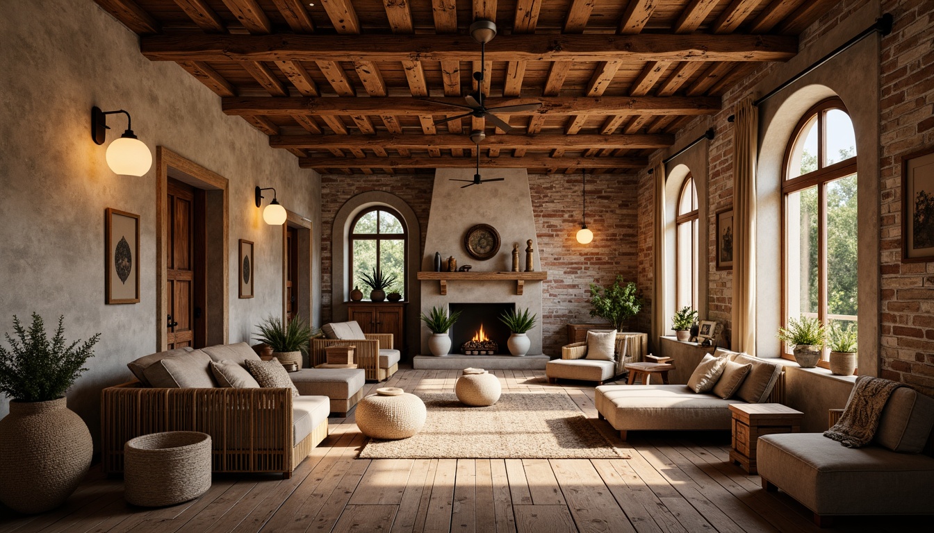 Prompt: Warm earthy tones, natural materials, rustic wooden accents, distressed finishes, exposed brick walls, stone fireplaces, wooden ceiling beams, plank flooring, woven textiles, vintage decorative items, soft warm lighting, shallow depth of field, 3/4 composition, panoramic view, realistic textures, ambient occlusion.