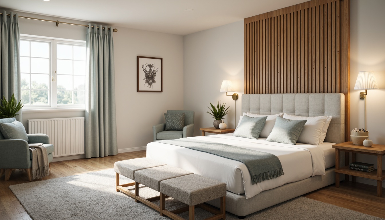 Prompt: Cozy bedroom, soft warm lighting, calming atmosphere, soothing color palette, gentle pastel hues, serene blue tones, creamy whites, rich wood accents, plush carpeting, comfortable furniture, relaxation zone, peaceful retreat, natural textiles, subtle patterns, minimalist decor, soft focus, shallow depth of field, 1/1 composition.