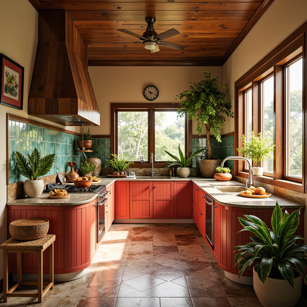 Prompt: Vibrant tropical kitchen, exotic wood cabinets, bright coral countertops, glossy granite surfaces, iridescent glass tiles, lush greenery, natural stone backsplashes, woven rattan furniture, colorful ceramic decor, warm beige walls, large windows, soft diffused lighting, shallow depth of field, 1/2 composition, realistic textures, ambient occlusion.