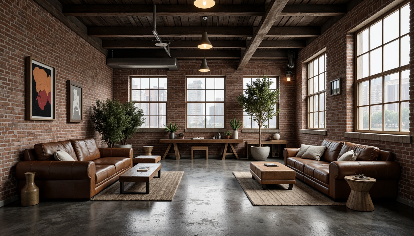 Prompt: Industrial-chic interior, exposed brick walls, metal beams, polished concrete floors, reclaimed wood accents, distressed leather sofas, vintage factory windows, Edison bulb lighting, urban loft atmosphere, rugged woven textiles, raw linen fabrics, metallic thread embroidery, utilitarian canvas materials, brutalist-inspired patterns, monochromatic color scheme, high-contrast lighting, dramatic shadows, cinematic composition, gritty realistic textures.