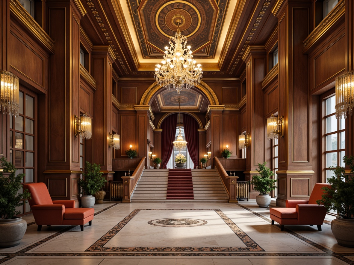 Prompt: Luxurious interior space, ornate moldings, intricate carvings, golden accents, lavish furnishings, velvet drapes, crystal chandeliers, marble floors, rich wood paneling, regal archways, opulent columns, grand staircase, dramatic ceiling heights, soft warm lighting, shallow depth of field, 3/4 composition, realistic textures, ambient occlusion.