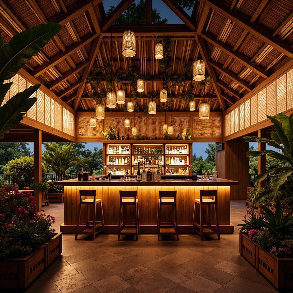 Prompt: Vibrant tropical bar interior, warm golden lighting, pendant lamps, rattan shades, natural wood accents, lush greenery, exotic flowers, colorful tiki torches, LED backlighting, glass bottle chandeliers, rustic wooden crates, woven bamboo screens, ocean-inspired colors, sunset hues, soft ambient glow, cozy intimate atmosphere, dramatic high-contrast lighting, 1/2 composition, warm color temperature, realistic textures, subtle specularity.