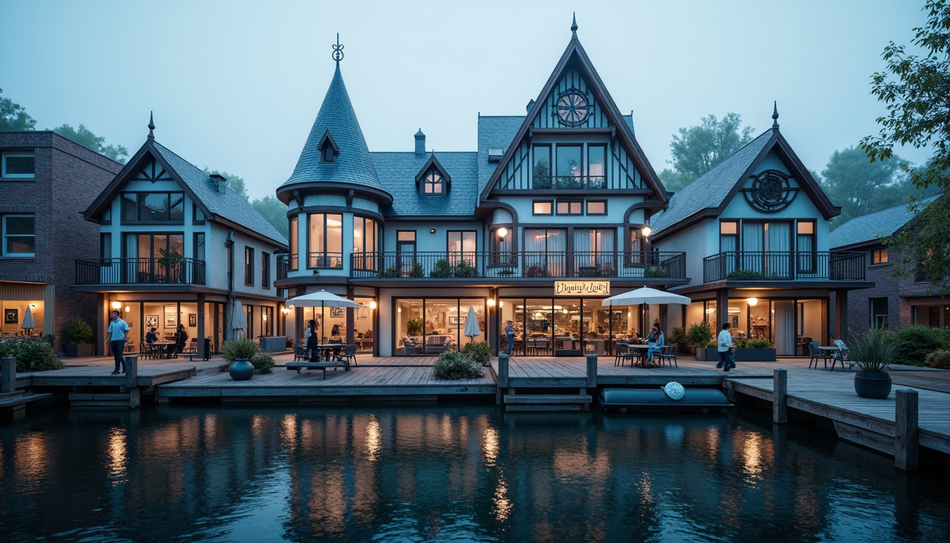 Prompt: Waterfront boathouse, Victorian-style architecture, ornate wooden facades, steeply pitched roofs, decorative gables, rustic wooden docks, nautical-themed decorations, vintage boat wheels, distressed wood textures, rich blue and white color scheme, soft warm lighting, misty morning atmosphere, shallow depth of field, 1/2 composition, realistic water reflections, ambient occlusion.