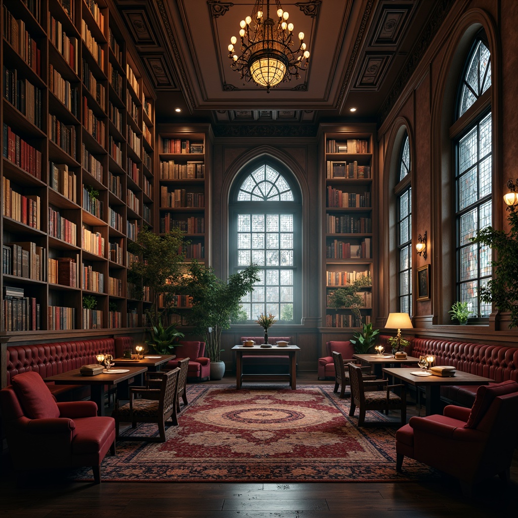 Prompt: Elegant bookcases, ornate wooden carvings, mysterious dark wood tones, intricate Gothic arches, stained glass doors, grandiose floor-to-ceiling shelves, luxurious velvet upholstery, mystical ancient tomes, dimly lit reading nooks, rich leather-bound books, antique metal hardware, mystical symbols etched, dramatic chandeliers, atmospheric foggy lighting, 1/2 composition, shallow depth of field, warm color palette.