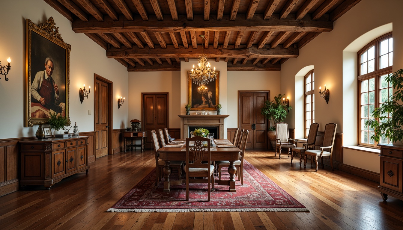 Prompt: Richly polished hardwood floors, warm walnut tones, ornate area rugs, classic furniture pieces, elegant chandeliers, soft cream-colored walls, formal dining atmosphere, traditional English country style, rustic wooden beams, subtle texture contrast, ambient warm lighting, shallow depth of field, 1/2 composition, realistic wood grain textures.