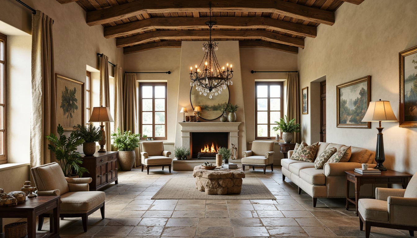 Prompt: Rustic French country estate, soft warm beige walls, distressed wood accents, vintage metal decor, elegant chandeliers, floral patterned fabrics, muted sage greenery, creamy whites, weathered stone floors, rustic wooden beams, cozy candle lighting, warm golden tones, subtle sheen finishes, 1/2 composition, intimate close-ups, realistic textures, ambient occlusion.