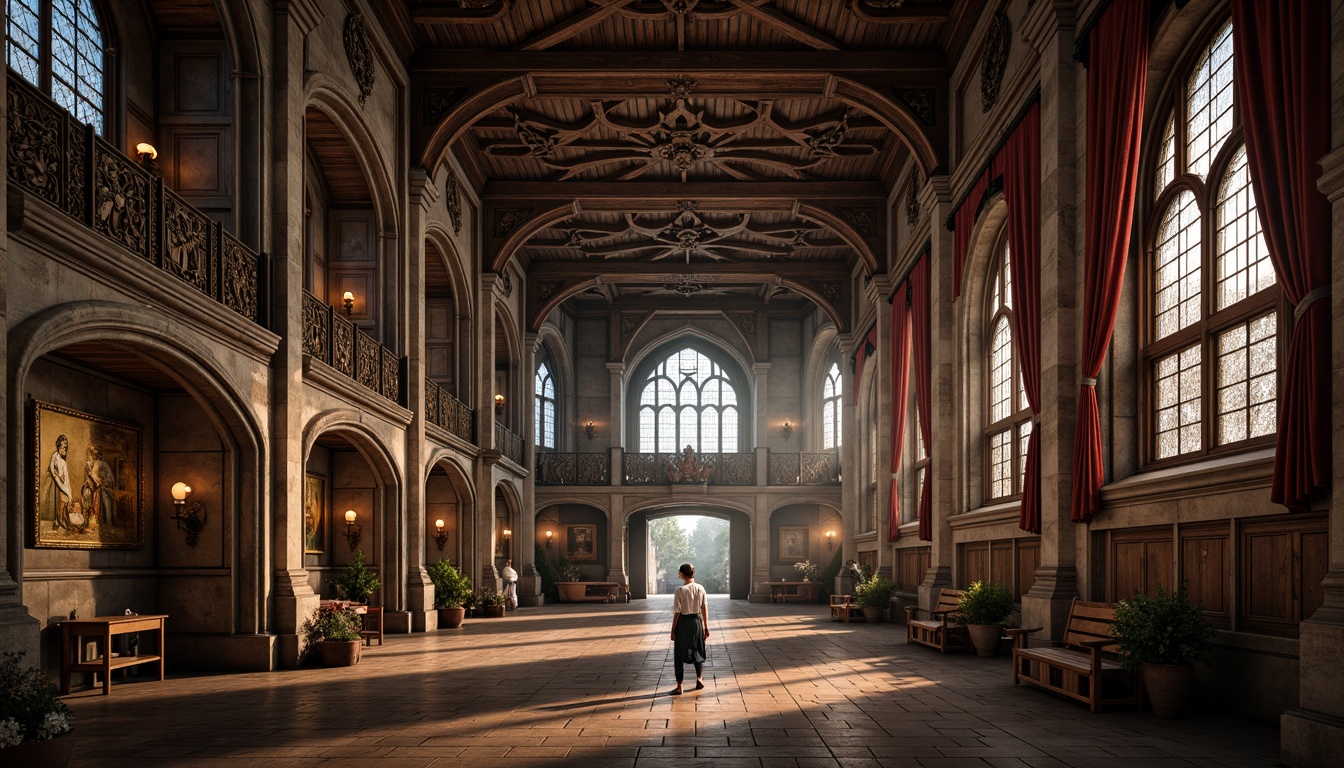 Prompt: Richly ornamented Gothic interior, grand cathedral ceilings, ribbed vaults, stained glass windows, intricate stone carvings, ornate wooden panels, weathered stone walls, rustic brick textures, medieval-inspired tapestries, lavish velvet drapes, warm candlelight, dramatic shadows, high-contrast lighting, cinematic composition, realistic material reflections, atmospheric fog effects.