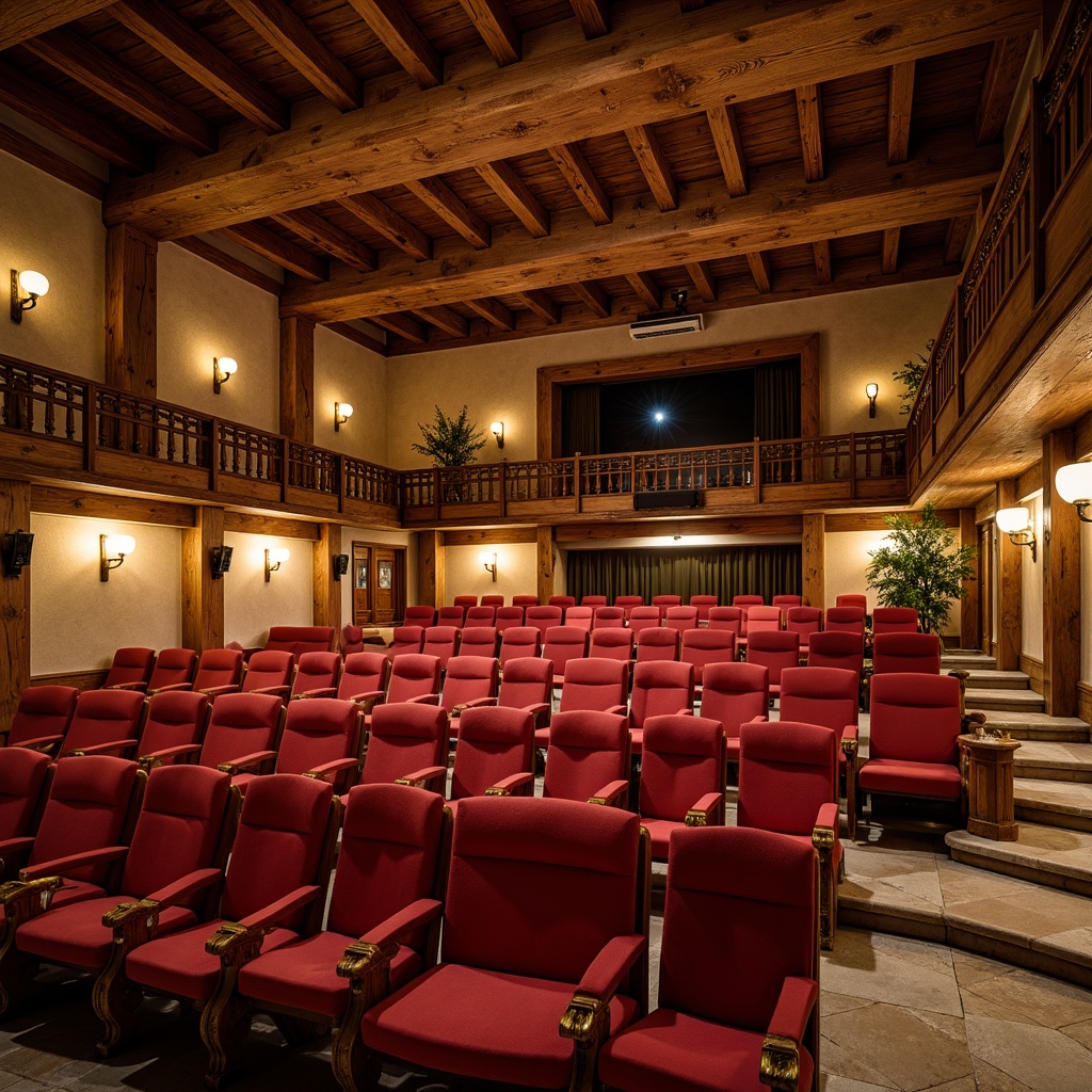 Prompt: Rustic auditorium, wooden beam ceiling, stone walls, plush red velvet seats, ornate golden armrests, curved rows, intimate setting, soft warm lighting, dramatic spotlights, rich wood tones, distressed finishes, vintage decorative elements, elegant French country style, luxurious fabrics, intricate carvings, subtle floral patterns, sophisticated color palette, warm beige tones, comfortable seating arrangement, 2/3 composition, shallow depth of field, realistic textures.