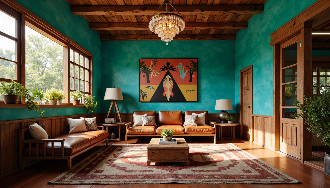 Prompt: Vibrant turquoise walls, rustic wooden accents, woven Native American patterned rugs, earthy terracotta floors, distressed leather furniture, ornate metalwork details, lavish crystal chandeliers, bold geometric shapes, warm golden lighting, soft focus photography, shallow depth of field, 1/1 composition, cinematic atmosphere, rich textures, ambient occlusion.