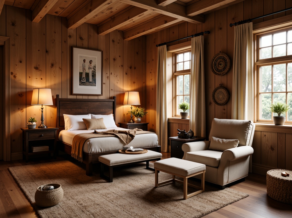 Prompt: Cozy craftsman bedroom, wooden furniture, rustic oak wood, warm earthy tones, plush area rug, comfortable reading nook, oversized armchair, soft velvety upholstery, vintage metal lamps, natural linen curtains, woven wicker baskets, handcrafted wooden decorations, distressed finishes, earthy color palette, warm candlelight, shallow depth of field, 1/1 composition, realistic textures, ambient occlusion.