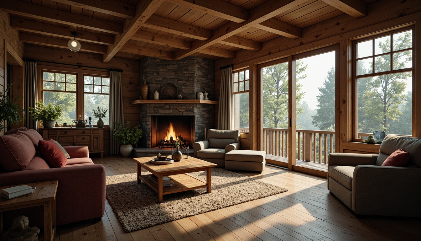 Prompt: Rustic cabin, wooden ceiling beams, natural wood texture, earthy color palette, cozy atmosphere, warm lighting, stone fireplace, plush furniture, vintage decorations, distressed finishes, traditional architecture, countryside setting, serene forest surroundings, misty morning light, soft focus, shallow depth of field, 2/3 composition, inviting ambiance.