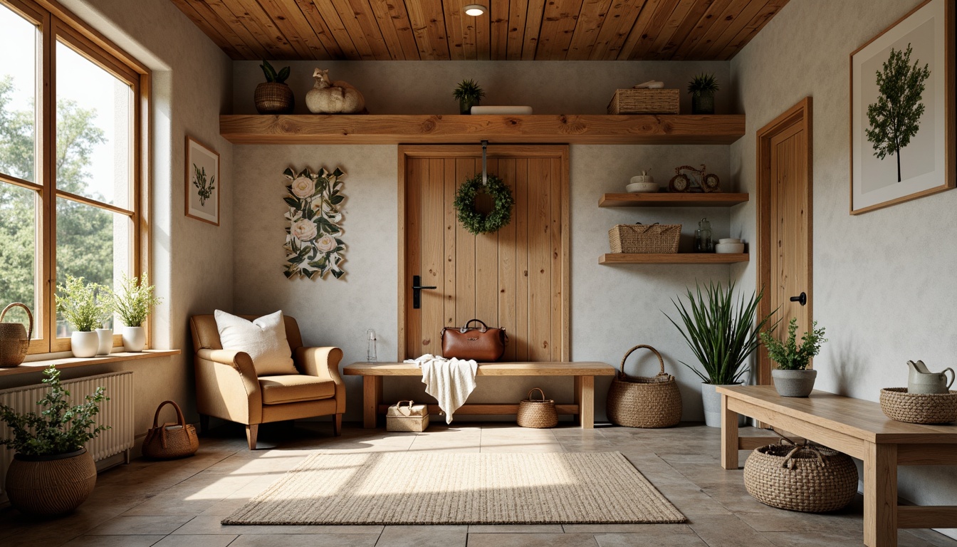 Prompt: Cozy mudroom, warm earthy tones, rustic wooden benches, natural stone flooring, woven baskets, rich leathers, vintage metal accents, soft creamy whites, calming blues, warm golden lighting, inviting textures, practical storage solutions, functional shelving units, serene botanical prints, nature-inspired patterns, earthy scent, relaxing ambiance.