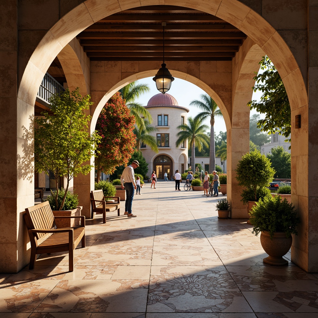 Prompt: Warm Mediterranean bus station, curved arches, ornate tiles, rustic stone walls, wrought iron details, vibrant bougainvillea, lush greenery, sunny day, soft warm lighting, shallow depth of field, 3/4 composition, panoramic view, realistic textures, ambient occlusion, elegant wooden benches, decorative street lamps, cobblestone pavement, traditional Spanish-inspired architecture, colorful ceramics, intricate mosaics, natural stone floors, earthy tones, organic forms.