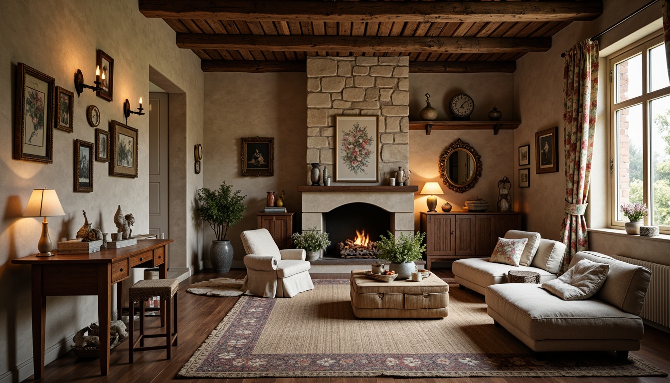 Prompt: Rustic French countryside, charming stone walls, distressed wood beams, elegant velvet drapes, floral patterned fabrics, soft linen upholstery, vintage lace trimmings, woven jute rugs, natural fiber textiles, earthy color palette, warm candlelight, cozy reading nooks, antique furniture pieces, ornate metal accents, plush throw pillows, delicate china patterns, romantic ambiance, intimate scale, soft focus, 1/1 composition, shallow depth of field.