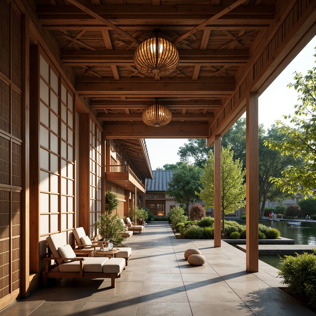 Prompt: Intricate wooden carvings, traditional Japanese shoji screens, natural stone flooring, bamboo accents, paper lanterns, ornate metalwork, vibrant silk fabrics, lush greenery, serene water features, tranquil koi ponds, subtle lighting, warm golden tones, 1/1 composition, realistic textures, ambient occlusion.