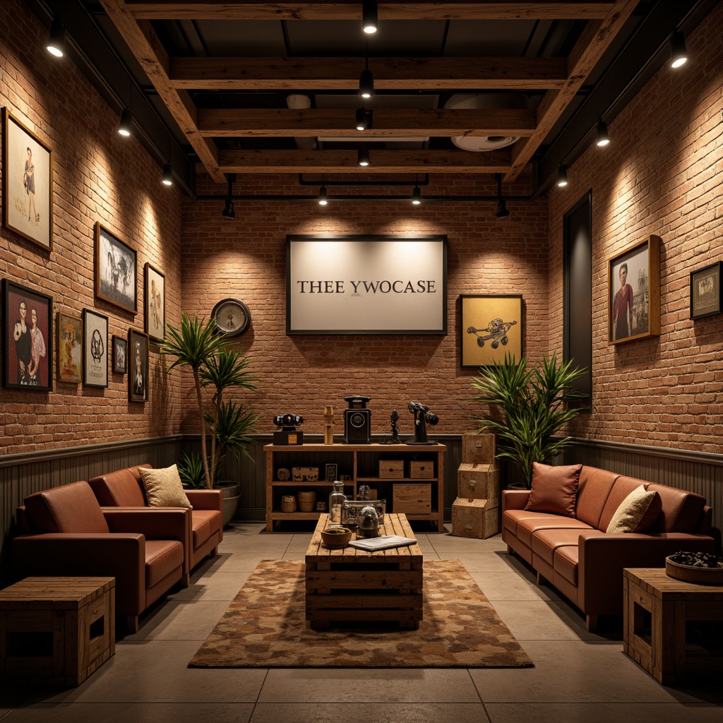 Prompt: Rustic cinema interior, reclaimed wood accents, vintage metal signs, exposed brick walls, distressed leather sofas, wooden crates, antique cameras, spotlights with metal shades, pendant lamps with Edison bulbs, warm cozy ambiance, soft golden lighting, shallow depth of field, 1/2 composition, realistic textures, ambient occlusion.