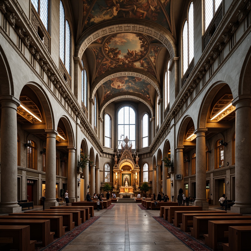 Prompt: Grand cathedral interior, vaulted ceilings, ornate frescoes, stained glass windows, intricate stone carvings, majestic altar, decorative columns, marble flooring, gilded details, solemn ambiance, soft warm lighting, high contrast ratio, 1/1 composition, symmetrical framing, rich textures, subtle shadows, historic architectural style, classical influences, Renaissance-inspired designs, ornate furnishings, ceremonial objects, devotional artifacts.