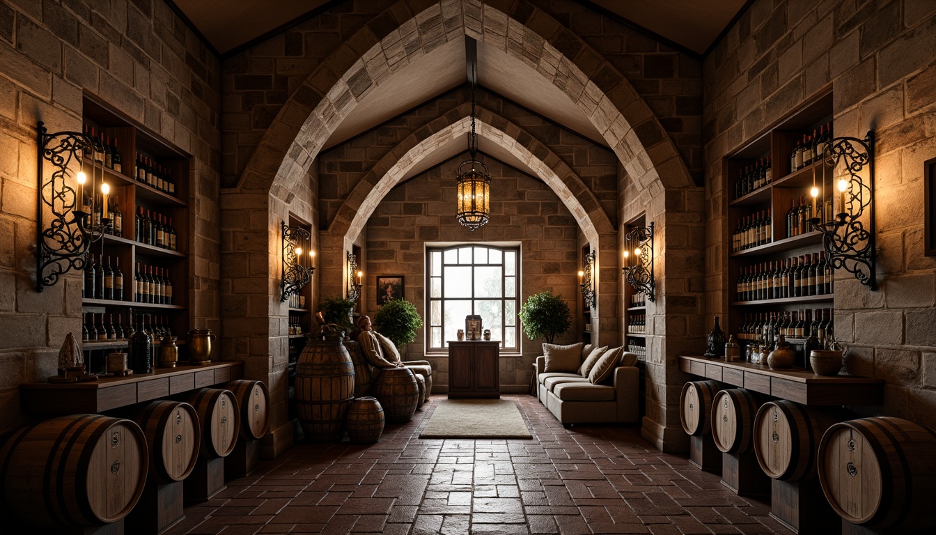 Prompt: Intricate arched doorways, ornate stone carvings, vaulted ceilings, dimly lit ambiance, rustic wooden barrels, aged wine bottles, musty aromas, damp cellar atmosphere, ancient brick walls, mysterious alcoves, grand chandeliers, soft warm lighting, dramatic shadows, 1/1 composition, symmetrical framing, realistic textures, ambient occlusion.