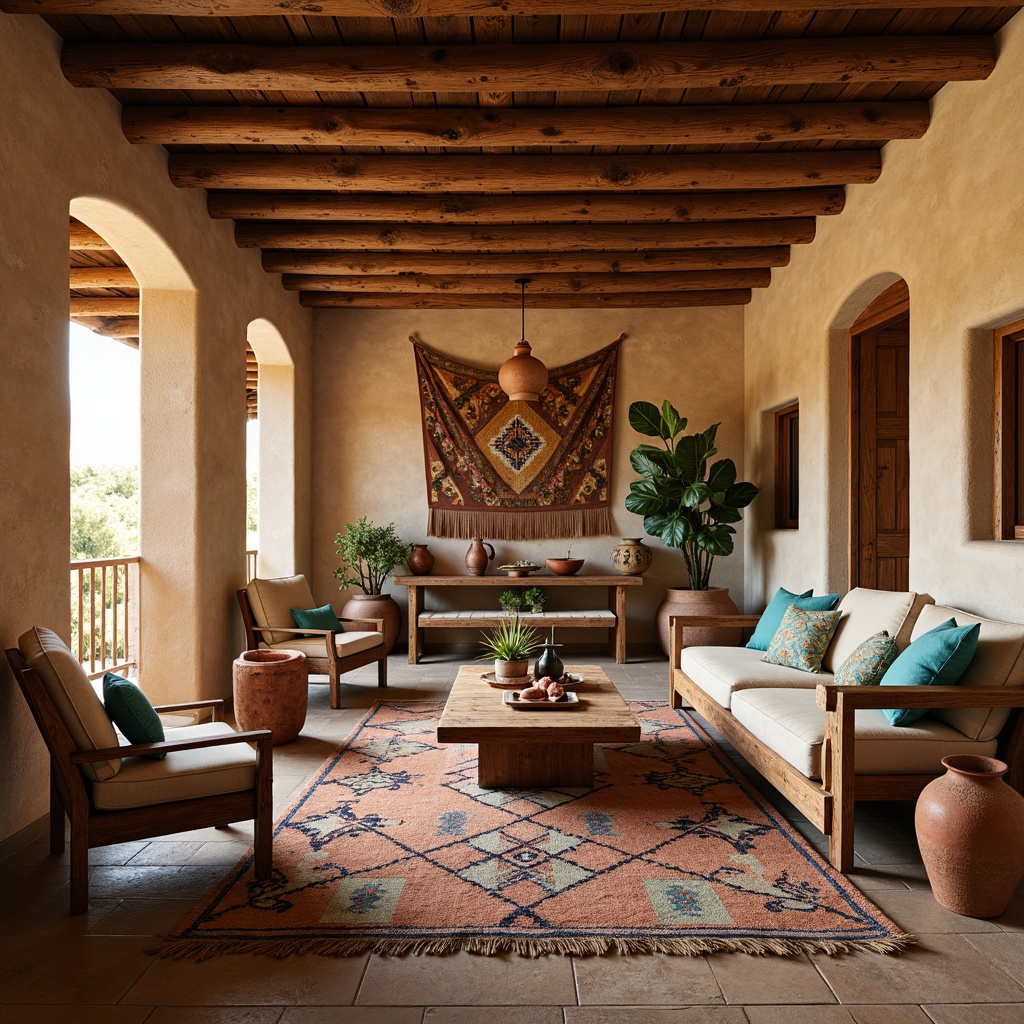 Prompt: Rustic wooden furniture, earthy tone colors, woven wool textiles, geometric patterned rugs, clay pottery vases, cactus-inspired decorative accents, natural stone flooring, adobe-style walls, arched windows, warm golden lighting, shallow depth of field, 1/1 composition, panoramic view, realistic textures, ambient occlusion, Southwestern-themed artwork, vibrant turquoise hues, distressed leather upholstery, hand-carved wooden details.