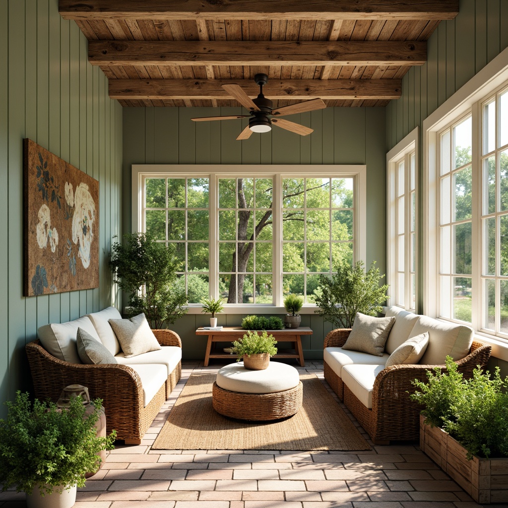 Prompt: Rustic farmhouse sunroom, natural materials, reclaimed wood accents, vintage metal decor, earthy color palette, sage green walls, creamy white trim, weathered wooden beams, distressed brick floors, lush greenery, potted plants, soft warm lighting, cozy throw blankets, woven wicker furniture, natural textiles, organic shapes, laid-back atmosphere, serene ambiance, warm beige tones, muted turquoise accents.