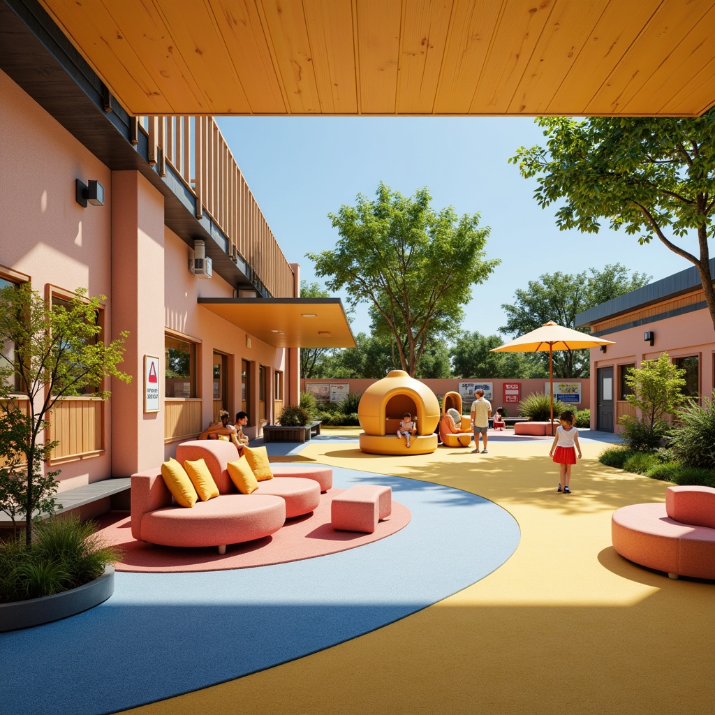 Prompt: Vibrant kindergarten playground, soft padded flooring, rounded edges furniture, impact-resistant walls, secure fencing systems, electronic access control, CCTV cameras, emergency exit signs, fire alarm systems, sprinkler installations, non-toxic paint coatings, natural ventilation systems, abundant natural light, ergonomic seating areas, educational safety posters, gentle sloping ramps, wide corridors, wheelchair-accessible facilities, soft-play zones, shock-absorbing materials, first-aid kits, automated external defibrillators, 1/2 composition, warm color schemes, shallow depth of field, realistic textures.