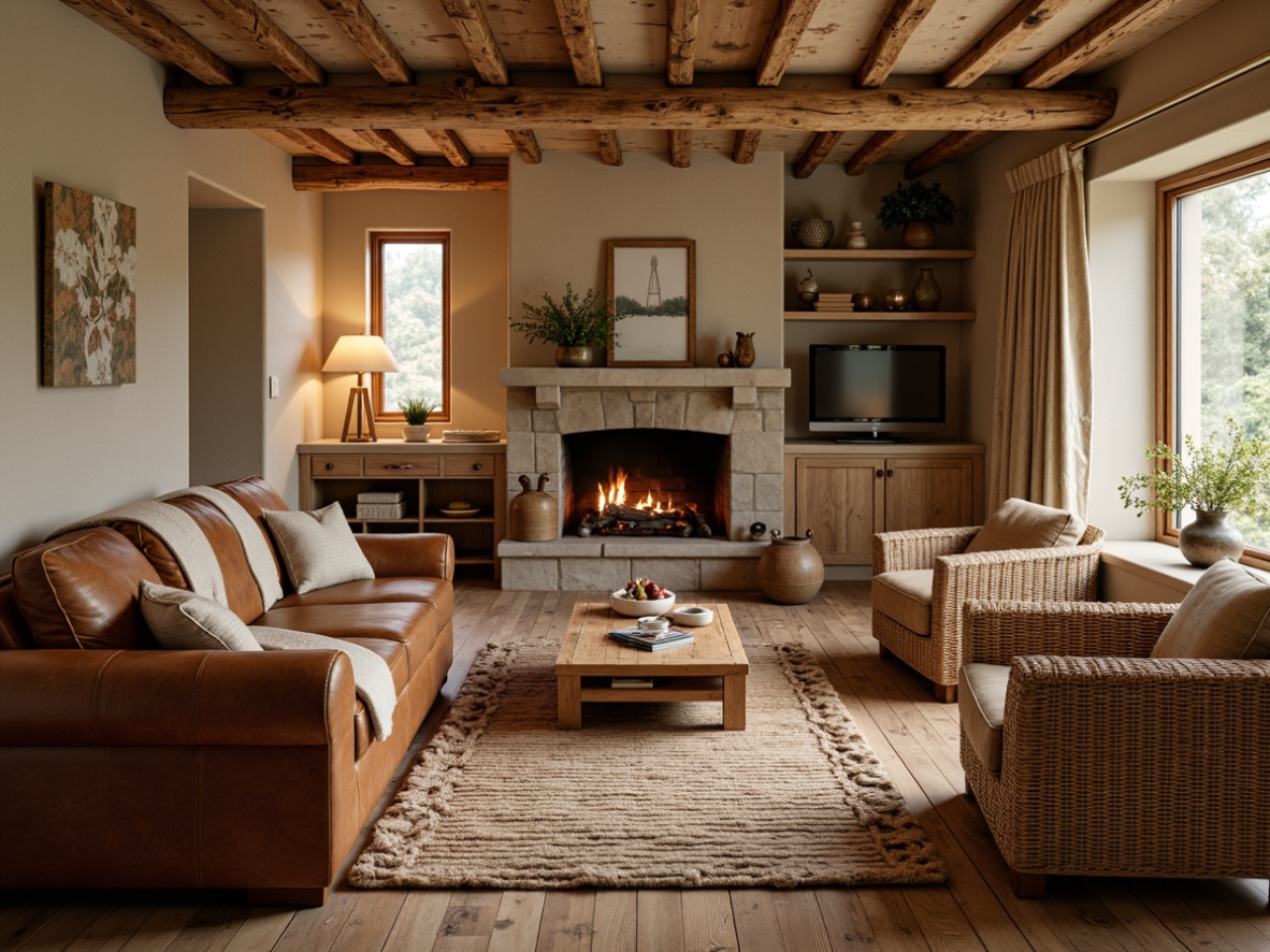 Prompt: Cozy living room, wooden flooring, rustic wood accents, soft warm lighting, plush area rugs, comfortable sofas, chunky throw blankets, earthy color palette, natural stone fireplace, woven wicker furniture, distressed finishes, vintage decorative items, warm beige walls, creamy white trim, rich brown leather upholstery, golden metal hardware, inviting ambiance, shallow depth of field, 1/1 composition, realistic textures.