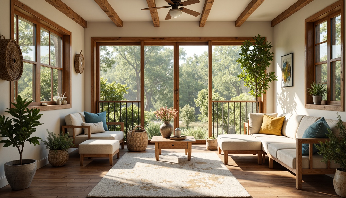 Prompt: Cozy farmhouse sunroom, natural materials, earthy tones, warm beige walls, rustic wooden accents, vintage metal decor, soft creamy whites, muted greens, blues and yellows, distressed finishes, natural textures, woven baskets, potted plants, large windows, sliding glass doors, bright sunny day, gentle warm lighting, shallow depth of field, 3/4 composition, panoramic view, realistic textures, ambient occlusion.