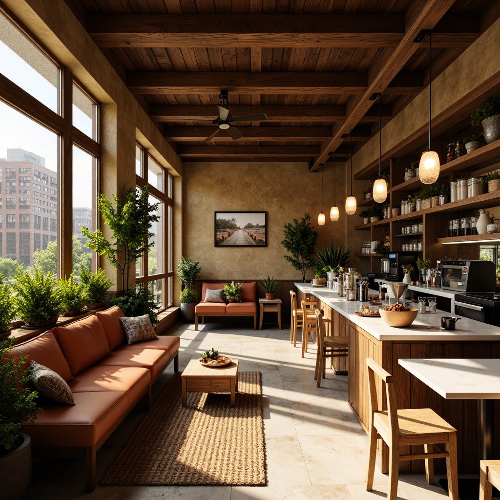 Prompt: Cozy coffee shop, warm earthy tones, rich wood accents, comfortable seating areas, soft golden lighting, aromatic coffee scents, vibrant greenery, natural stone walls, rustic metal decor, creamy white marble countertops, inviting atmosphere, shallow depth of field, 1/1 composition, realistic textures, ambient occlusion.