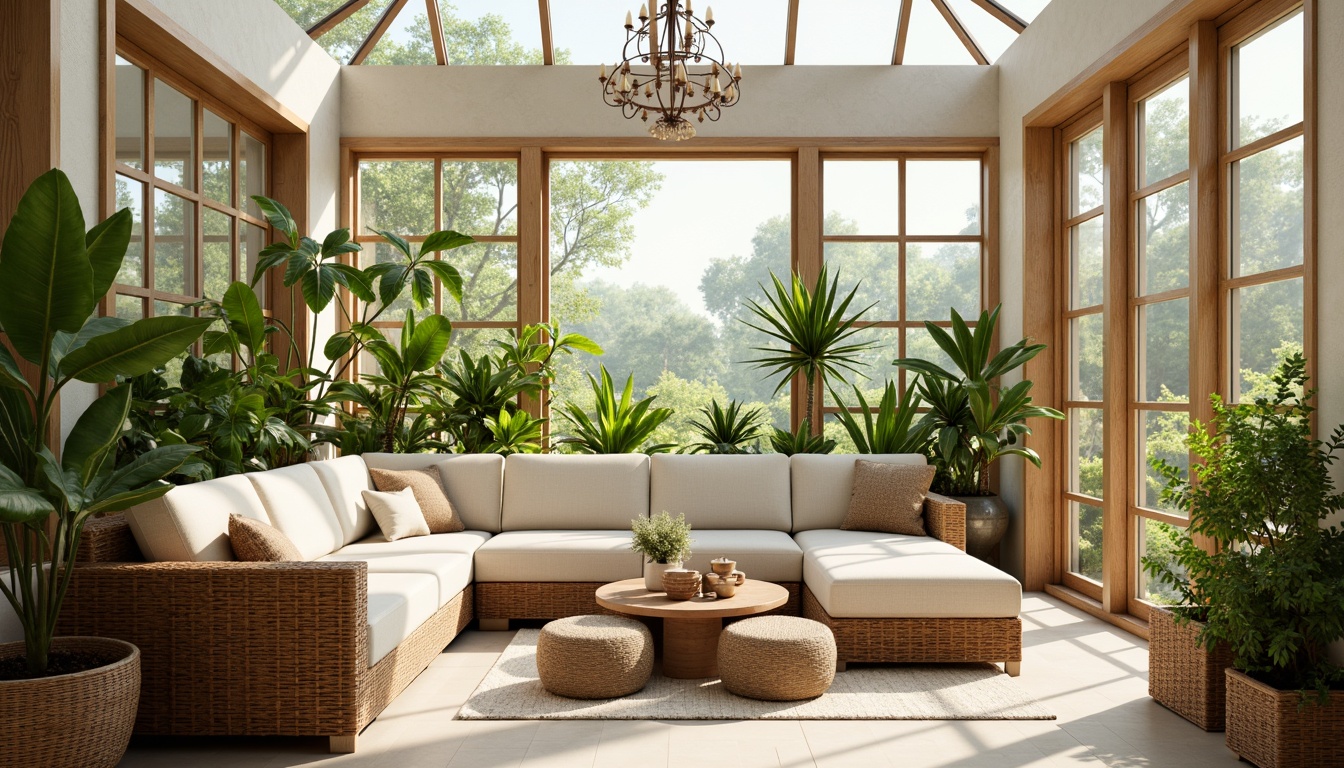 Prompt: Cozy sunroom, warm natural light, lush greenery, rattan wicker furniture, plush cushions, soft pastel colors, tropical plants, wooden accents, nature-inspired decor, elegant chandelier, comfortable sectional sofa, woven baskets, refreshing ambiance, bright skylight, airy atmosphere, minimalist design, natural textures, earthy tones, organic shapes.