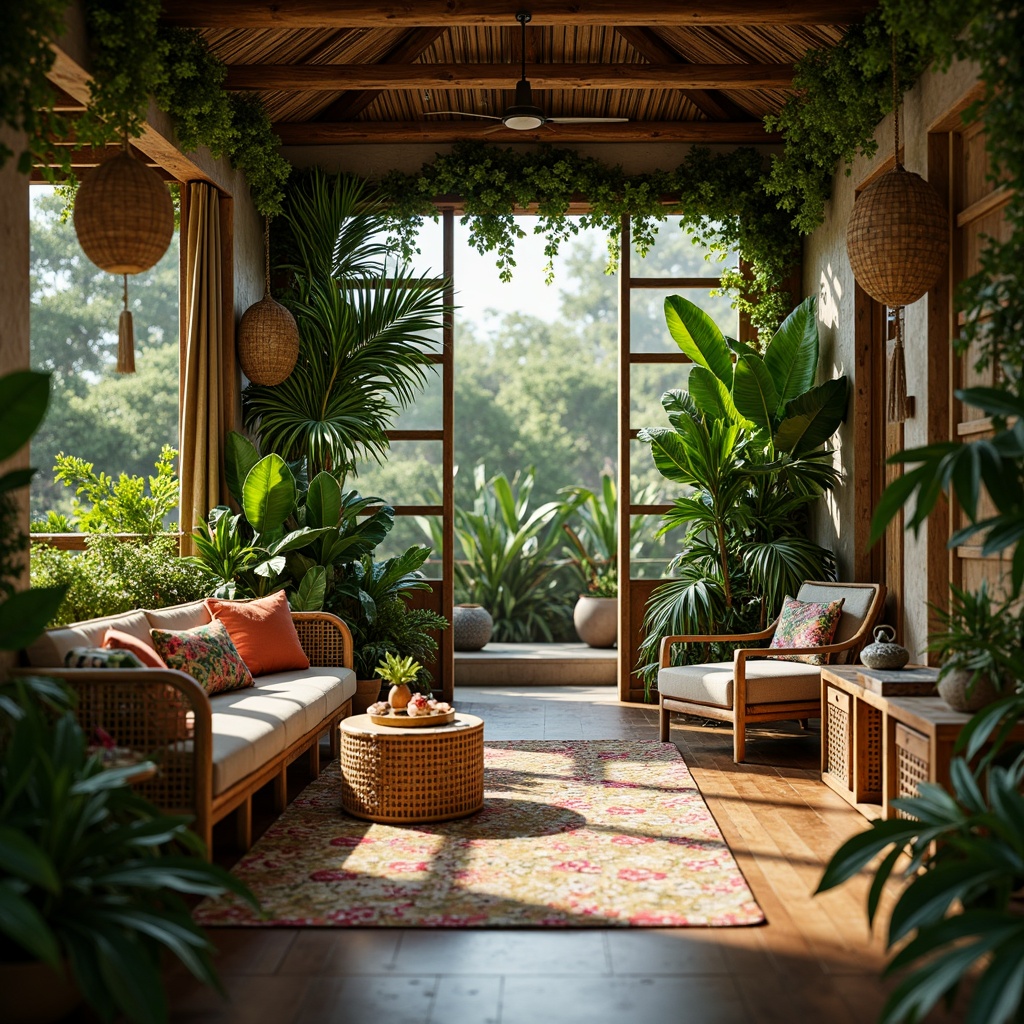 Prompt: Lush tropical interior, exotic plants, vibrant greenery, wicker furniture, rattan decor, natural textures, earthy tones, wooden accents, palm fronds, floral patterns, colorful ceramics, woven baskets, rustic wood beams, soft warm lighting, shallow depth of field, 3/4 composition, panoramic view, realistic textures, ambient occlusion.