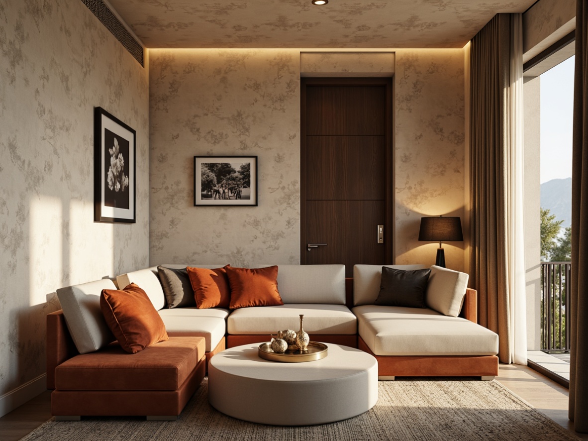 Prompt: Richly textured walls, velvety soft furnishings, warm beige tones, creamy whites, deep charcoal grays, earthy terracotta hues, natural wood accents, metallic gold details, ambient soft lighting, 3/4 composition, shallow depth of field, realistic textures, vibrant color contrast.