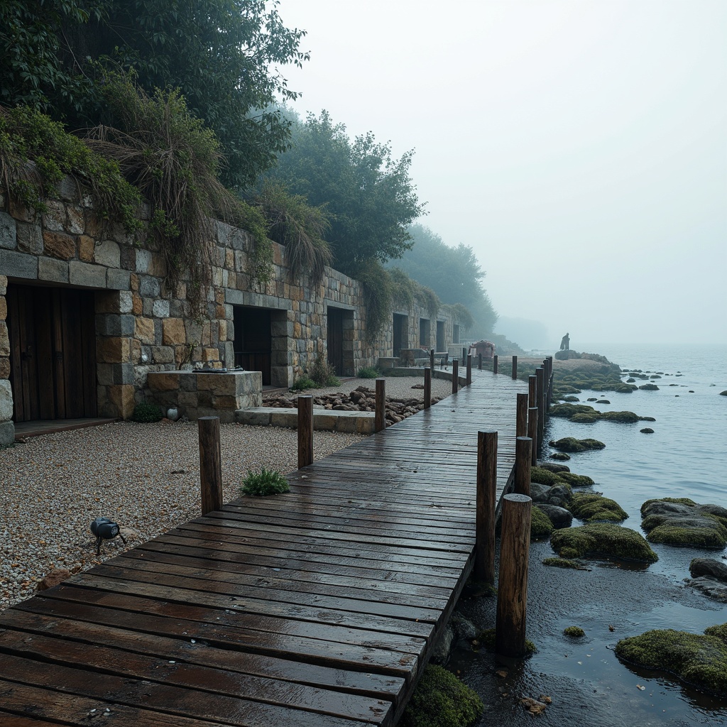 Prompt: Rugged coastline, weathered wooden docks, driftwood sculptures, sea-salted stone walls, coral-inspired patterns, ocean-blue hues, sandy beach textures, pebbled shores, seaweed-covered rocks, misty morning light, soft warm glow, shallow depth of field, 1/2 composition, realistic water effects, ambient occlusion, natural weathering processes.