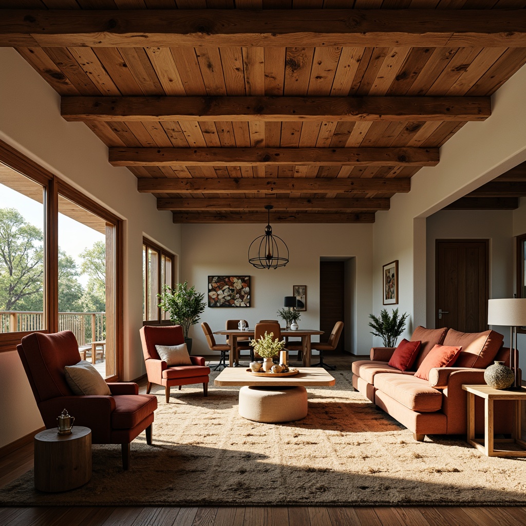 Prompt: Rustic wooden ceiling beams, natural wood textures, earthy tones, cozy living room, warm lighting, comfortable seating areas, traditional architecture, classic interior design, wooden furniture, vintage decorations, soft shadows, 3/4 composition, shallow depth of field, realistic wood grain, ambient occlusion.