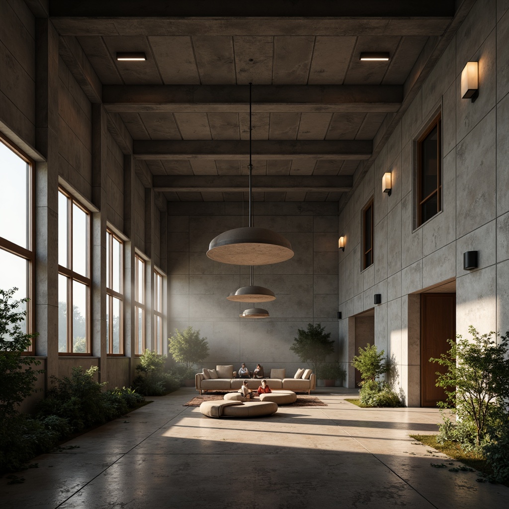 Prompt: Exposed concrete walls, industrial metal beams, raw stone floors, dramatic high ceilings, minimalist decor, sparse greenery, warm ambient lighting, soft diffused shadows, subtle gradient effects, 1/1 composition, realistic material textures, cinematic mood, low-key illumination, accentuated architectural details, brutalist-inspired color palette, earthy tones, functional furniture, industrial-style lamps, metal shades, concrete pendant lights, atmospheric fog, mysterious ambiance.