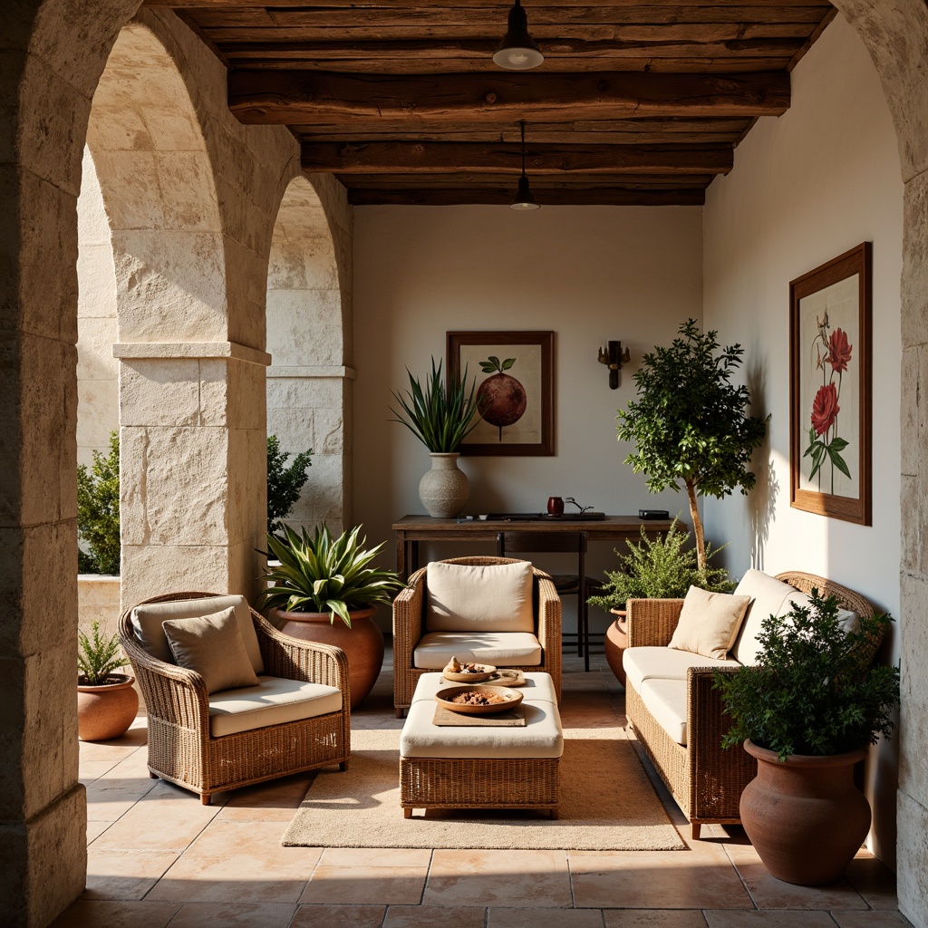 Prompt: Warm Mediterranean interior, rustic stone walls, distressed wood beams, vintage ceramic tiles, woven wicker furniture, plush velvet upholstery, natural linen fabrics, earthy terracotta planters, lush greenery, soft warm lighting, shallow depth of field, 3/4 composition, realistic textures, ambient occlusion.