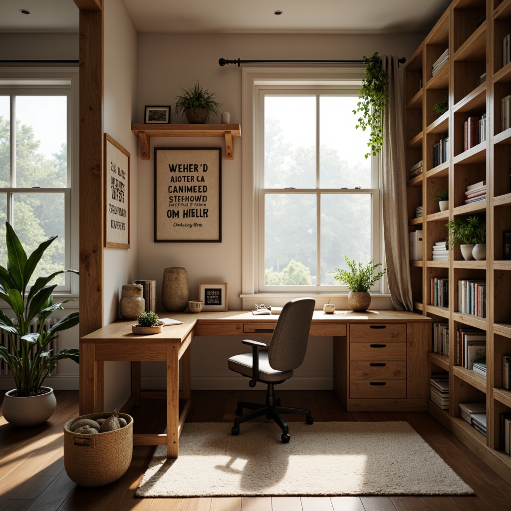 Prompt: Cozy study nook, warm wooden desk, comfortable ergonomic chair, soft task lighting, floor-to-ceiling bookshelves, organized storage units, inspirational quotes, framed academic certificates, greenery plants, calming color scheme, natural textiles, plush area rug, modern minimalist decor, large windows, plenty of natural light, 1/1 composition, shallow depth of field, realistic textures, ambient occlusion.