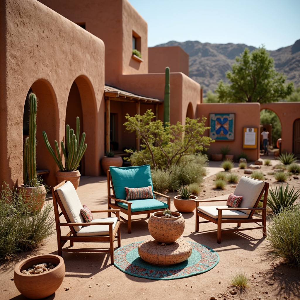 Prompt: Vibrant turquoise accents, earthy terracotta tones, woven wool blankets, handwoven Navajo-inspired patterns, geometric shapes, bold Aztec motifs, natural fiber fabrics, rustic wooden furniture, adobe-style architecture, sun-kissed desert landscape, cacti and succulents, warm sandy textures, bright colorful ceramics, traditional Pueblo pottery, soft warm lighting, shallow depth of field, 3/4 composition, panoramic view, realistic textures, ambient occlusion.