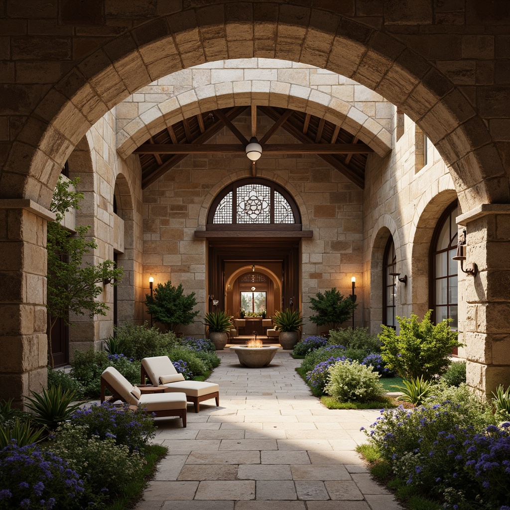 Prompt: Weathered stone walls, rustic wooden accents, soft candlelight, serene courtyard, lush greenery, vibrant flowers, tranquil water features, natural stone pathways, ornate metalwork, intricate carvings, earthy terracotta tones, muted beige hues, rich wood stains, subtle gold accents, warm cream colors, dramatic archways, grand vaulted ceilings, stained glass windows, mystical ambiance, soft warm lighting, shallow depth of field, 3/4 composition, panoramic view, realistic textures, ambient occlusion.