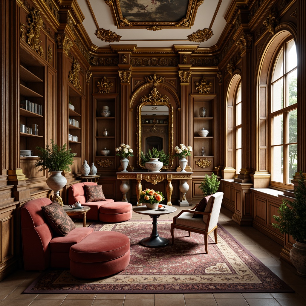 Prompt: Ornate storage room, lavish gold accents, intricately carved wooden furniture, velvet upholstery, luxurious satin fabrics, delicate porcelain vases, ornamental mirrors, gilded picture frames, elegant curved legs, cabriole chairs, Louis XVI style consoles, marble tabletops, soft warm lighting, subtle sheen finishes, highly detailed textures, shallow depth of field, 1/1 composition, realistic reflections.