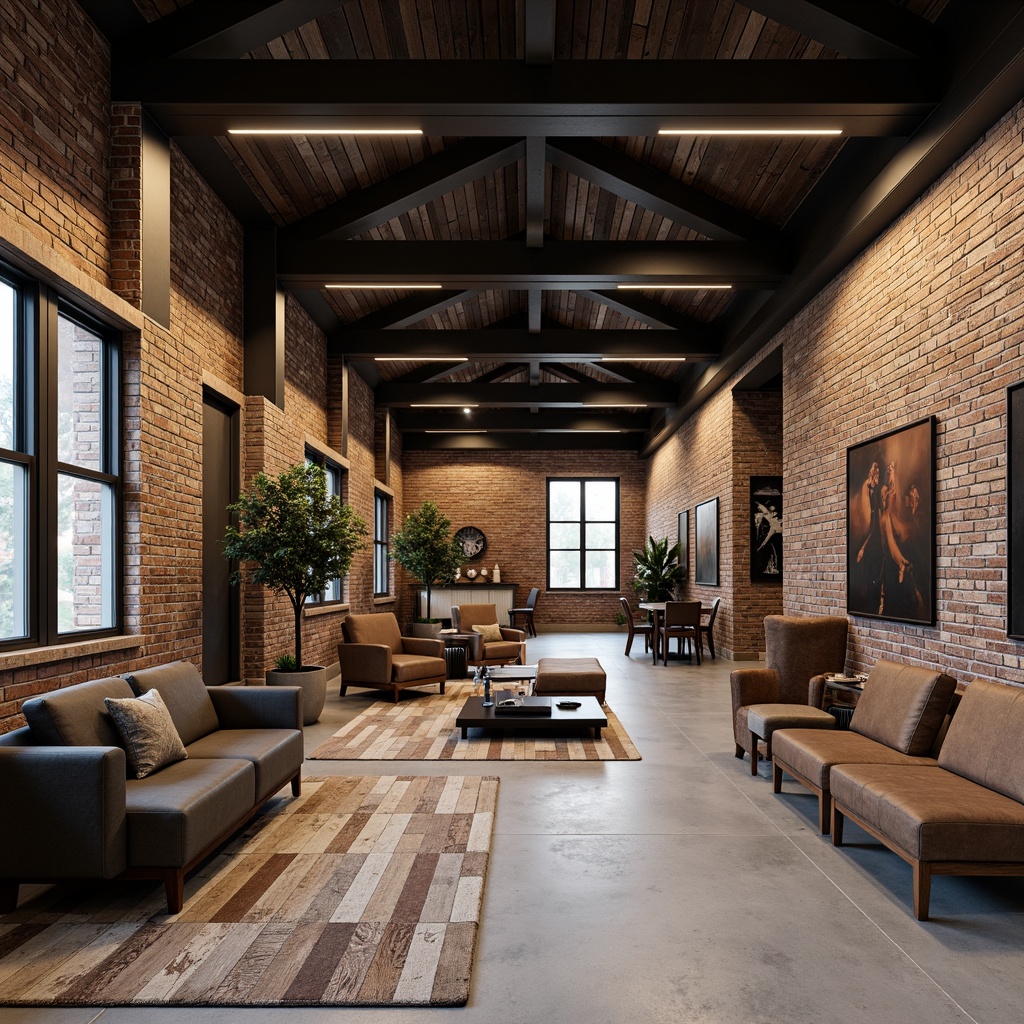 Prompt: Exposed brick walls, distressed wood accents, polished concrete floors, industrial metal beams, reclaimed wooden planks, matte black steel frames, urban loft atmosphere, moody lighting, minimalist decor, functional furniture, raw textured finishes, earthy tone color palette, rugged stone features, edgy architectural elements, dramatic ceiling heights, open-plan layout, modern industrial chic, cozy accent rugs, warm task lighting.